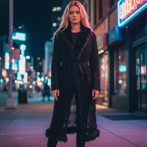 Ruby Cho Black Sequin Crochet Faux Fur Trim Duster Cardigan S